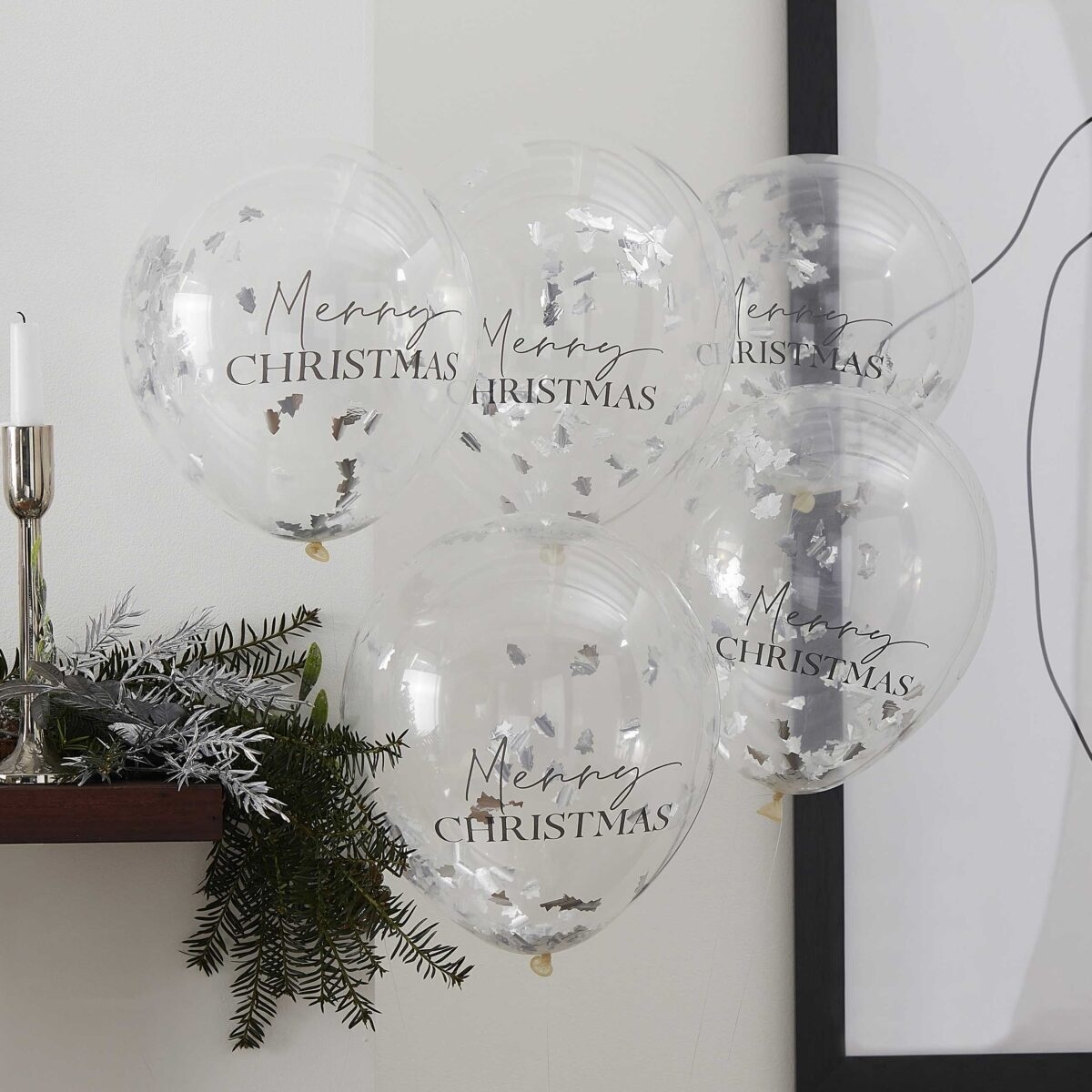 Μπαλόνια Merry Christmas με Ασημί Κομφετί σε Σχήμα Δενδράκι / 5 τεμ