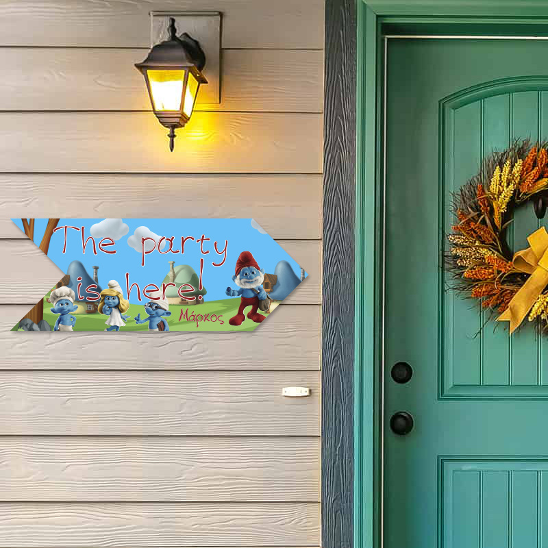 Ξύλινη Πινακίδα Στρουμφάκια με όνομα βελάκι/40cm*15cm