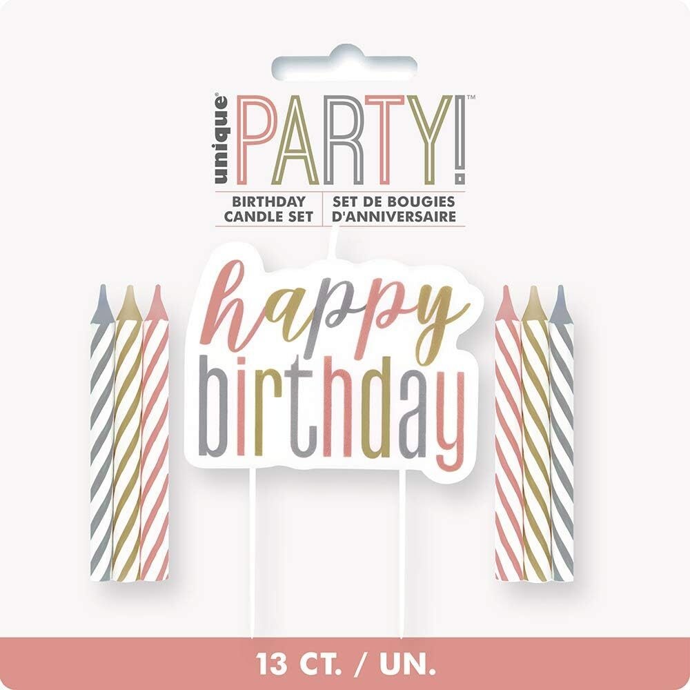 Κεράκια Happy Birthday Ροζ Χρυσό - Ασημί - Χρυσό / 12 τεμ