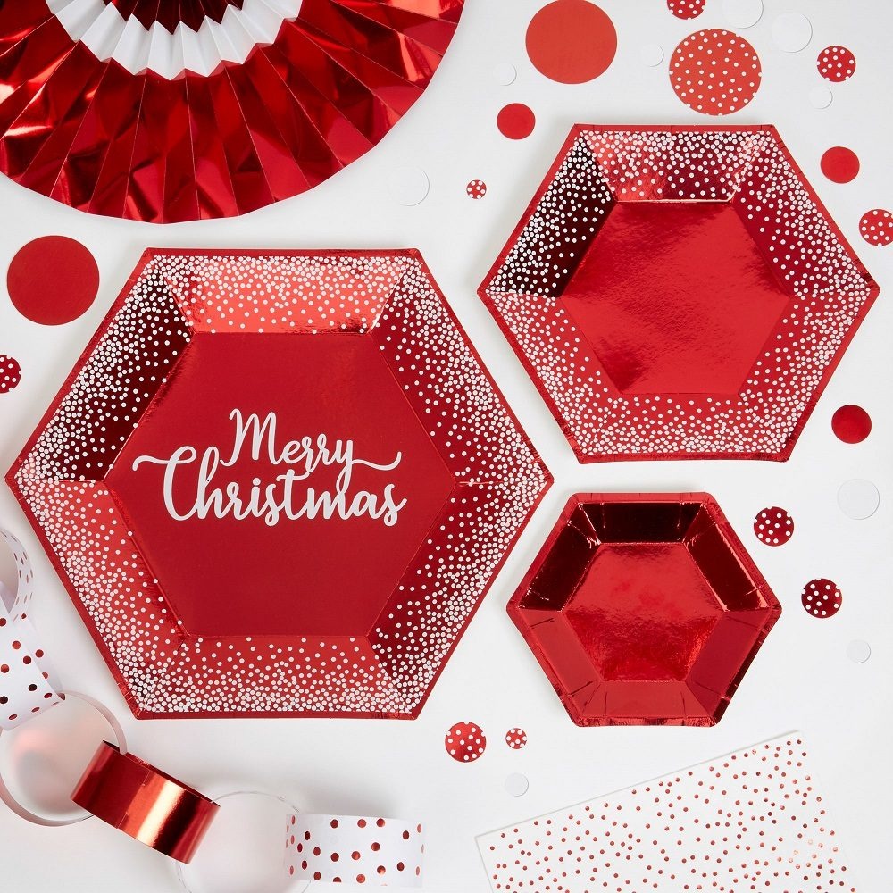 Πιάτα χαρτ. φαγητού Merry Christmas 27εκ Κόκκινα με Λευκά Πουα /8 τεμ