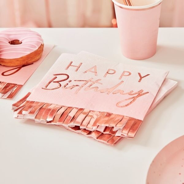 Χαρτοπετσέτες Happy Birthday Ροζ Χρυσό Rose Gold & Pink Ombre / 16 τεμ