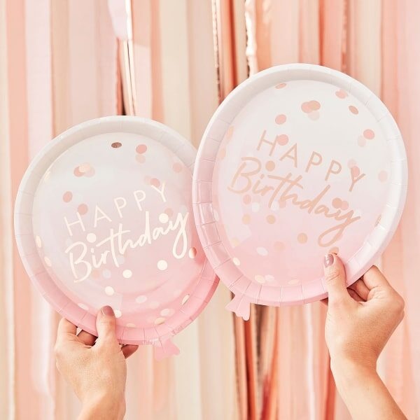 Πιάτα Χάρτινα Happy Birthday Σχήμα Μπαλόνι Ροζ Χρυσό / 8τεμ