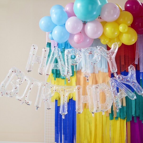 Γιρλάντα με μπαλόνια διάφανα HAPPY BIRTHDAY με κομφετί πολύχρωμα