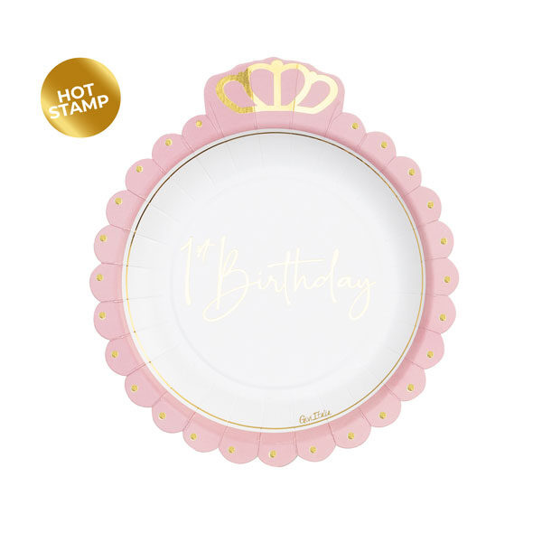 Πιάτα 20εκ Σχήμα First Birthday Ροζ με Κορώνα / 8 τεμ