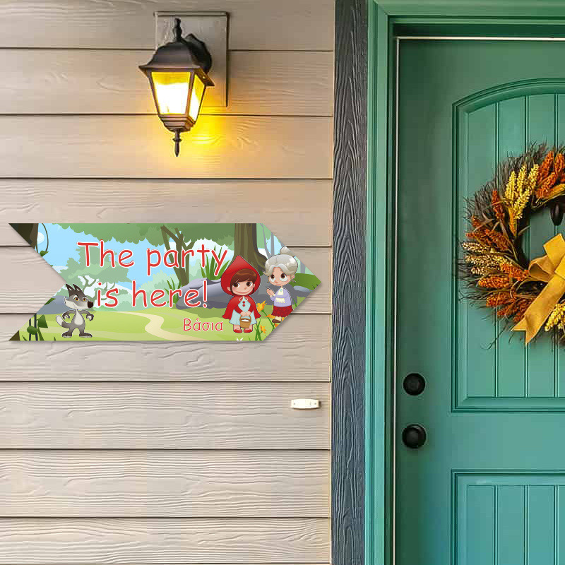 Ξύλινη Πινακίδα Κοκκινοσκουφίτσα με όνομα βελάκι/40cm*15cm