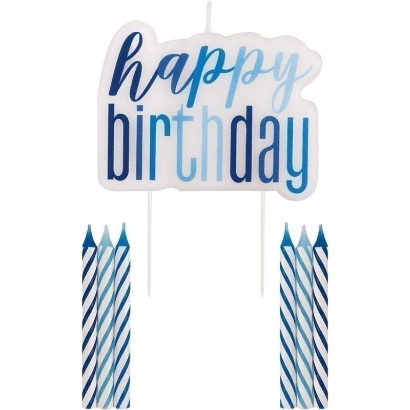 Κερί  Happy Birthday & 6 κεράκια σε  Μπλε, Τυρκουαζ & Σιέλ / 7 τεμ