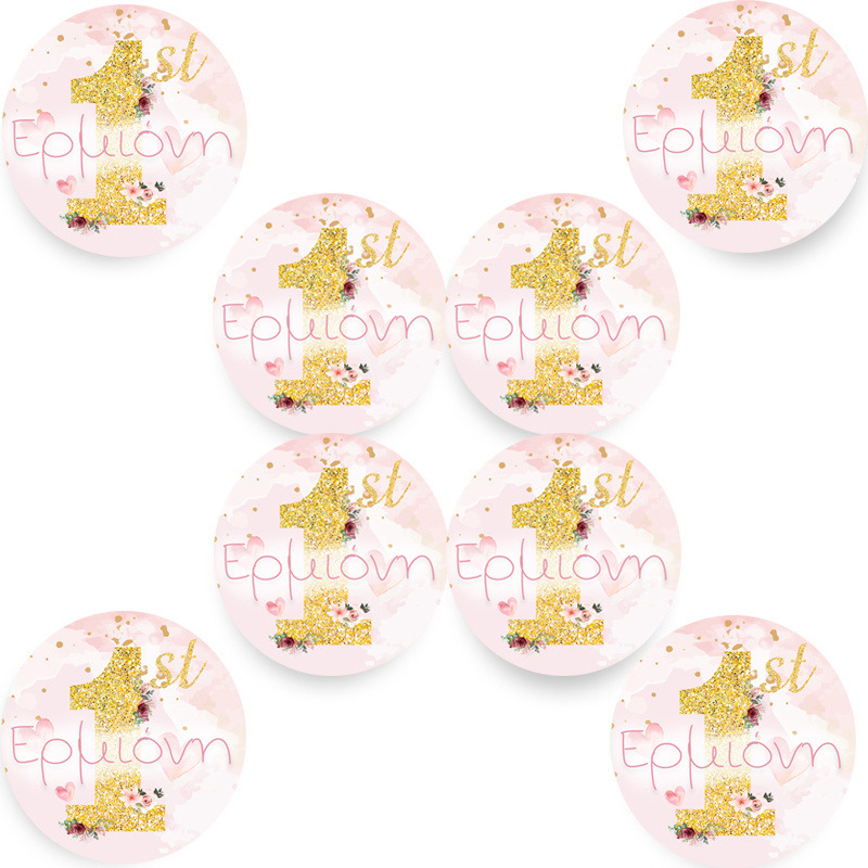 Στρογγυλά αυτοκόλλητα 1st Birthday girl/8 τμχ