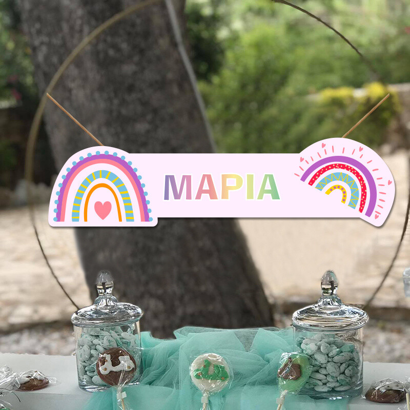 Ξύλινο διακοσμητικό Retro Rainbow Pink με όνομα/ 35cm*15cm