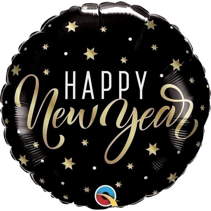 Μπαλόνι Φοιλ 18 Happy New Year Μαύρο με Χρύσα Αστερία / 46 εκ