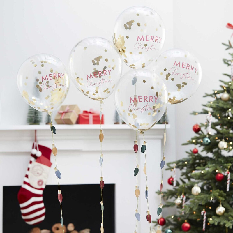Μπαλόνια με Κομφετί Merry Christmas με Ουρά με Φωτάκια / 5 τεμ