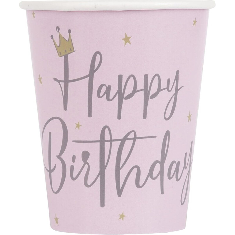 Ποτήρια Χάρτινα Ροζ με στέμα 266ml Happy Birthday /8 τεμ