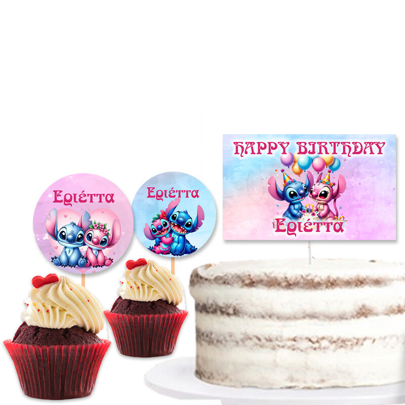 Διακόσμηση τούρτας Stitch & Angel & cupcake toppers