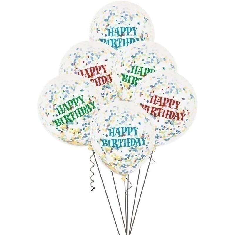 Μπαλόνια Λατέξ 12 Διάφανα  Happy Birthday Ασορτί με  Κονφετί / 6 τεμ
